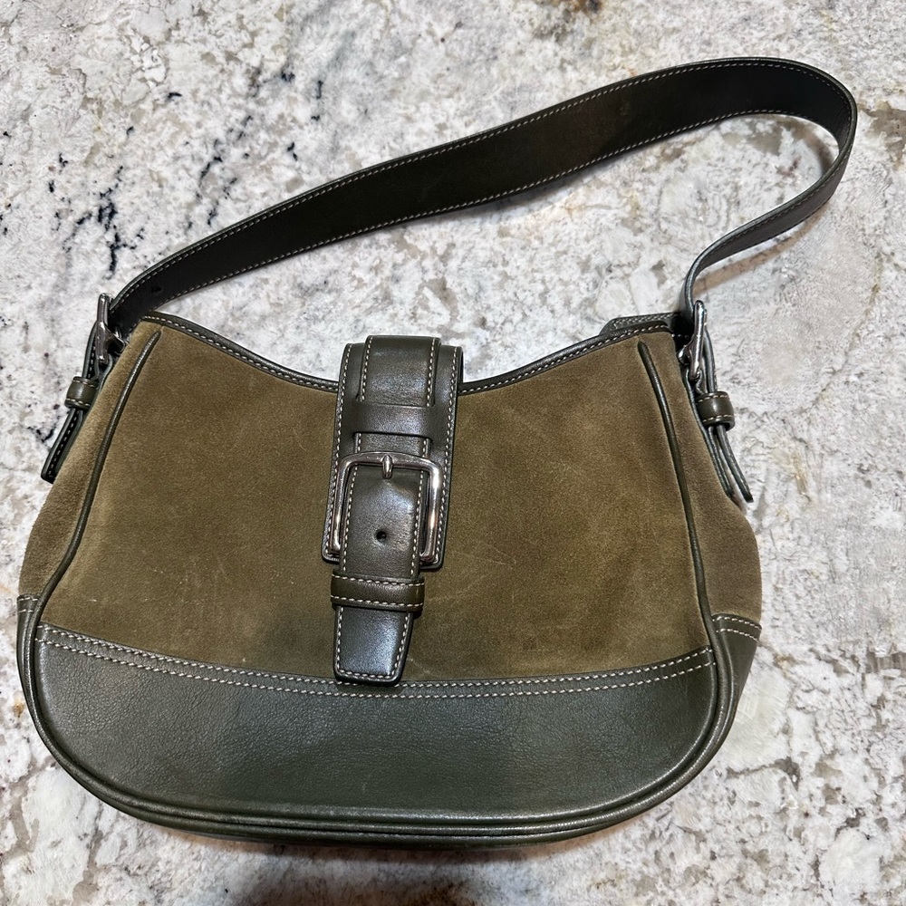 Vintage Coach Green Suede and Leather Shoulder Bag